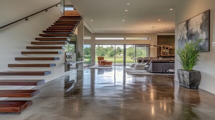 Obraz premium Modern foyer with polished concrete flooring, a sleek floating staircase, and a glimpse into a spacious living and dining area