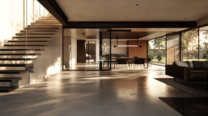 Fototapeta premium Modern foyer with polished concrete flooring and floating stairs, offering views into a sophisticated dining room and stylish living space