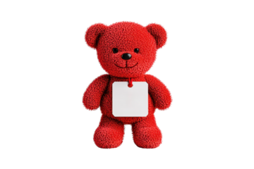 A vibrant red teddy bear with a friendly expression and a blank tag attached.