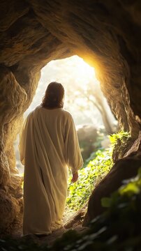 Jesus christ in resurrection scene walking from tomb in sunlit garden