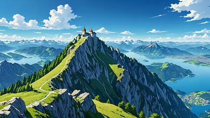 Pilatus kulm mountain summit distant view taken from Lucerne during summer with clear blue sky Switzerland