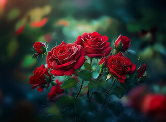 A cluster of deep red roses, their velvety petals glistening in soft light, surrounded by lush green foliage and blurred background.  The image evokes romance and natural beauty.