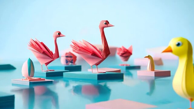 Colorful paper origami flamingos on a blue background, showcasing creativity and artistic design.
