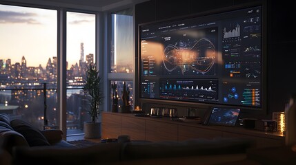 Obraz premium A modern workspace featuring a large screen with a detailed classification dashboard.