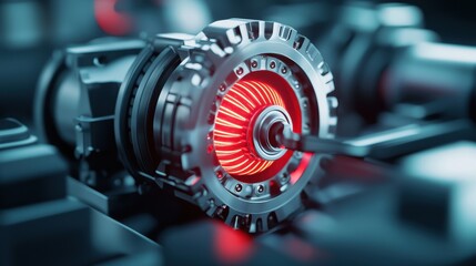 Fototapeta premium Close-up of a mechanical component with glowing red highlights, showcasing intricate details.