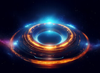 A luminous, metallic ring floats in deep space, emitting vibrant orange and blue light.  Its concentric circles glow intensely, creating a mesmerizing cosmic scene.
