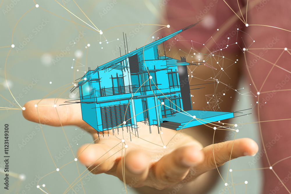 Poster home iot - neural network 3d illustration. big data and cybersecurity