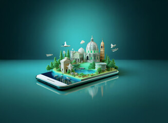 Naklejka premium A miniature cityscape, reminiscent of Rome, sits atop a smartphone, birds in flight surrounding it. The scene is rendered in a stylized, 3D low-poly format against a teal backdrop.