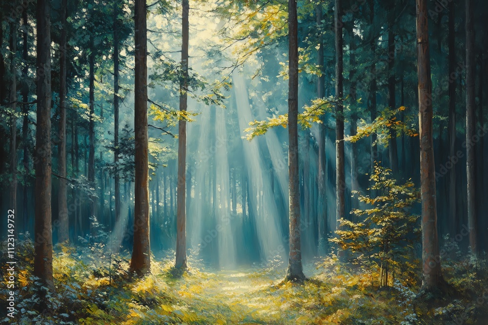 Wall mural a serene forest scene with sunlight filtering through trees, creating a tranquil atmosphere.