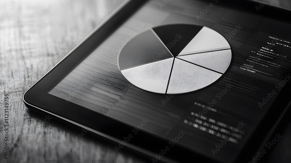 Aufkleber A digital tablet displaying a segmented pie chart in monochromatic tones with subtle gradients.