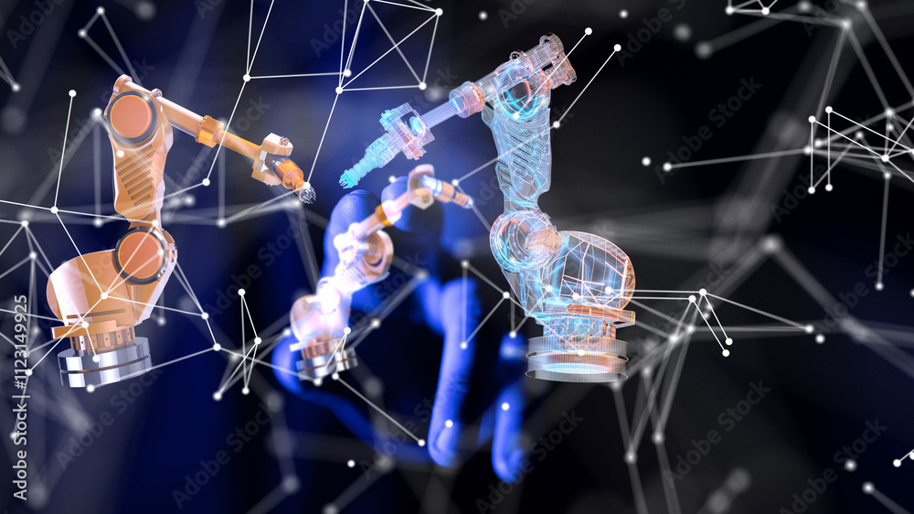 Poster Neural network 3D illustration. Big data and cybersecurity