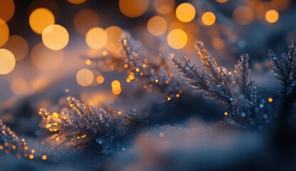 Fototapeta premium A close-up of frosty branches with warm bokeh lights in a winter setting.