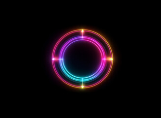 Obraz premium Vibrant, multicolored neon circles glow against a dark background. The inner circle is framed by two concentric rings of light, punctuated by small radiant points.