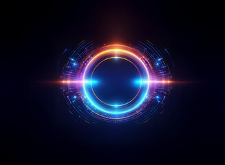 Fototapeta premium Glowing circular energy field, vibrant orange and blue hues, dark background, futuristic technology concept, concentric rings, digital art.