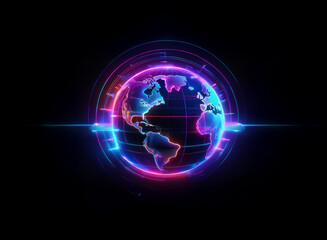 A vibrant, glowing digital globe encased in neon pink and blue rings against a black background, suggesting global connectivity and technology.