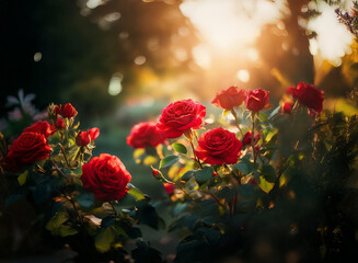 Obraz premium Luminous sunset illuminates a cluster of deep red roses in a lush garden. The warm light backlights the petals, creating a captivating scene.