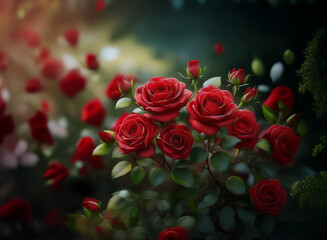 A cluster of deep red roses in full bloom, surrounded by buds and lush green foliage, bathed in soft, warm light. The scene evokes a feeling of romance and natural beauty.
