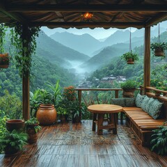 Fototapeta premium Serene wooden deck overlooking misty mountains and lush greenery. Perfect for relaxation.