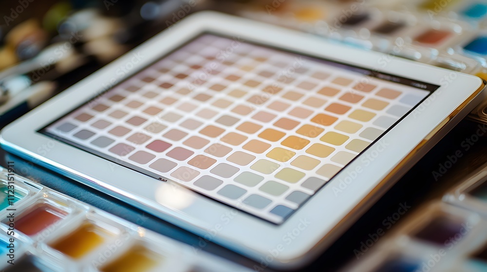 Poster A classification chart with a muted color palette displayed on a sleek, digital tablet.