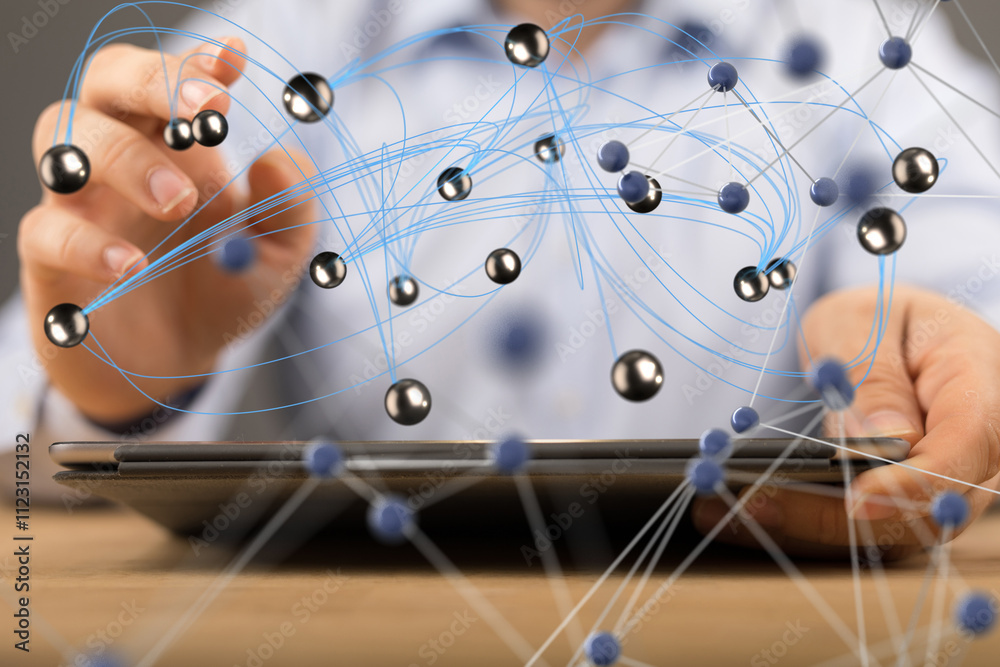 Aufkleber Abstract network of physical devices on the Internet using a network connection with statistics numbers 3d illustration
