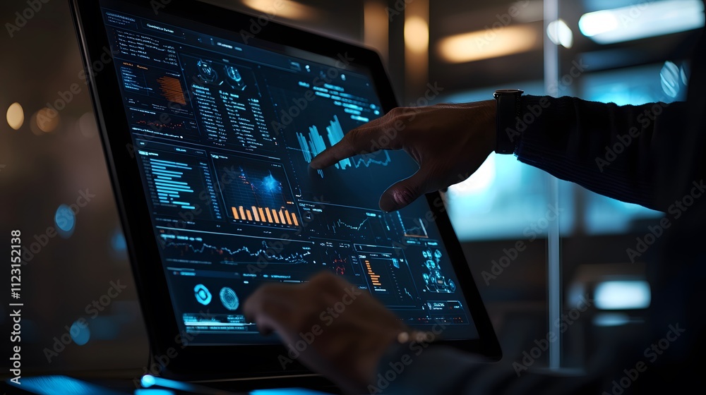 Poster A professional discussing classification strategies with a digital chart on a sleek monitor.