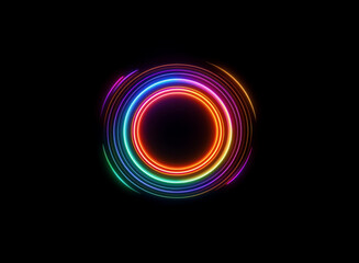 Vibrant, concentric neon rings glow in the dark, creating a mesmerizing circular light display.  The multicolored circles radiate energy and form a hypnotic pattern.