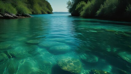 Obraz premium A serene view of clear turquoise water, revealing submerged stones and pebbles beneath the surface. Ideal for nature and tranquility themes