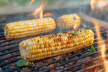 Grilled corn on the cob cooking over an open flame during a summer gathering in a backyard