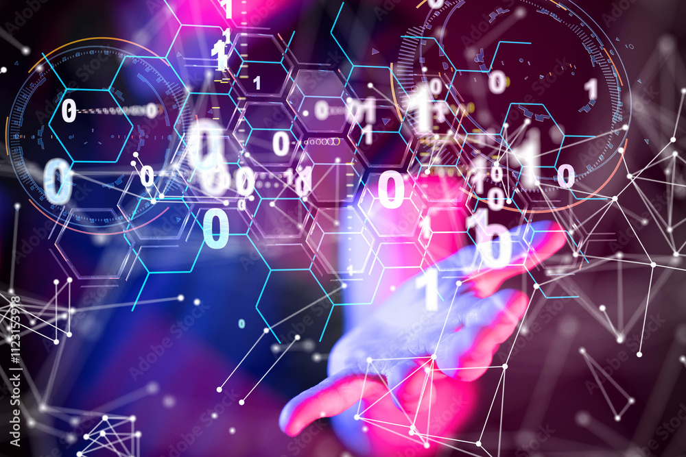 Poster Neural network 3D illustration. Big data and cybersecurity