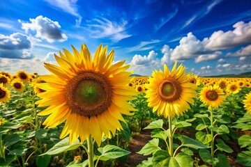 Vibrant Yellow Sunflowers in Bloom Under a Blue Sky in a Farmland Setting, Showcasing the Beauty of Agriculture and Organic Products for Seed Oil Production