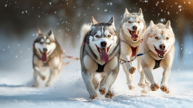 A group of four huskies are running in the snow