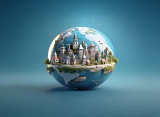 A miniature world:  A stylized globe showcasing a charming, clustered cityscape nestled within its verdant landscape.  The scene evokes a sense of global unity and environmental harmony.