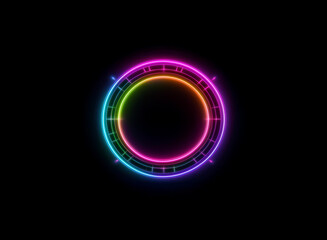Obraz premium Vibrant rainbow neon circle, glowing brightly against a black background. It features concentric rings and subtle details, creating a futuristic, technological aesthetic.