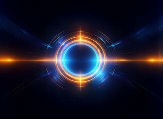 Obraz premium Abstract glowing circular design. Blue and orange light streaks radiate from a central dark circle within concentric rings, creating a futuristic, technological aesthetic.