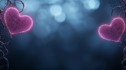 Obraz premium Decorated Hearts on Soft Bokeh Background with Twinkling Lights and Nature Elements for Romantic Themes