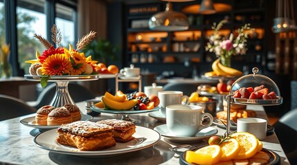 Fototapeta premium Vibrant Gourmet Brunch Table with Pastries and Fruit Platters and Artisanal Coffee