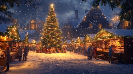 A festive winter market scene with a decorated Christmas tree and snow-covered stalls.