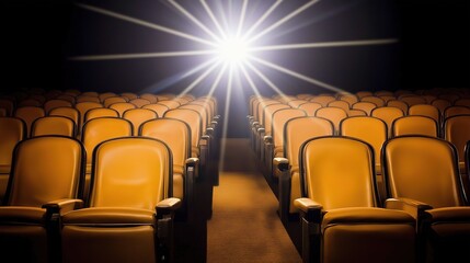 Obraz premium Empty movie theater with spotlight casting a solitary beam on the stage, symbolizing the power of imagination and the potential for new beginnings in a quiet, reflective space.