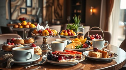 Fototapeta premium Vibrant Gourmet Brunch Table with Pastries and Fruit Platters and Artisanal Coffee