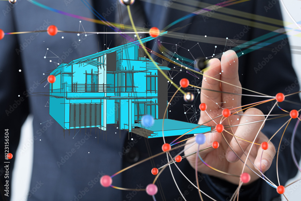 Poster home iot - Neural network 3D illustration. Big data and cybersecurity - 3d