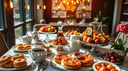 Fototapeta premium Vibrant Gourmet Brunch Table with Pastries and Fruit Platters and Artisanal Coffee