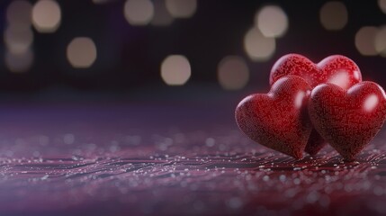 Fototapeta premium Shiny Red Hearts on a Dimly Lit Surface with Soft Bokeh Background for Love and Romance Themes