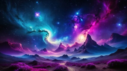 Fototapeta premium A stunning cosmic scene showcases a vibrant galaxy with swirling colors, distant planets, and starry skies, perfect for illustrating the beauty of the universe