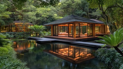 Fototapeta premium Tranquil Modern House Surrounded by Lush Greenery at Dusk
