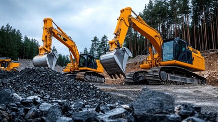 Three yellow construction machines are parked in a field
