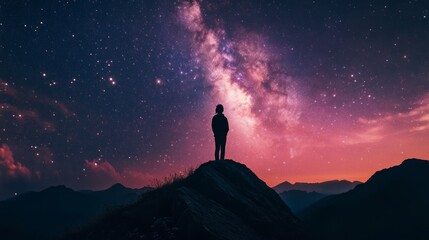 Fototapeta premium Silhouette of person on mountaintop, gazing at the Milky Way galaxy at night.
