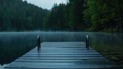 Naklejka premium A wooden dock with a railing and a railing on the other side of the water