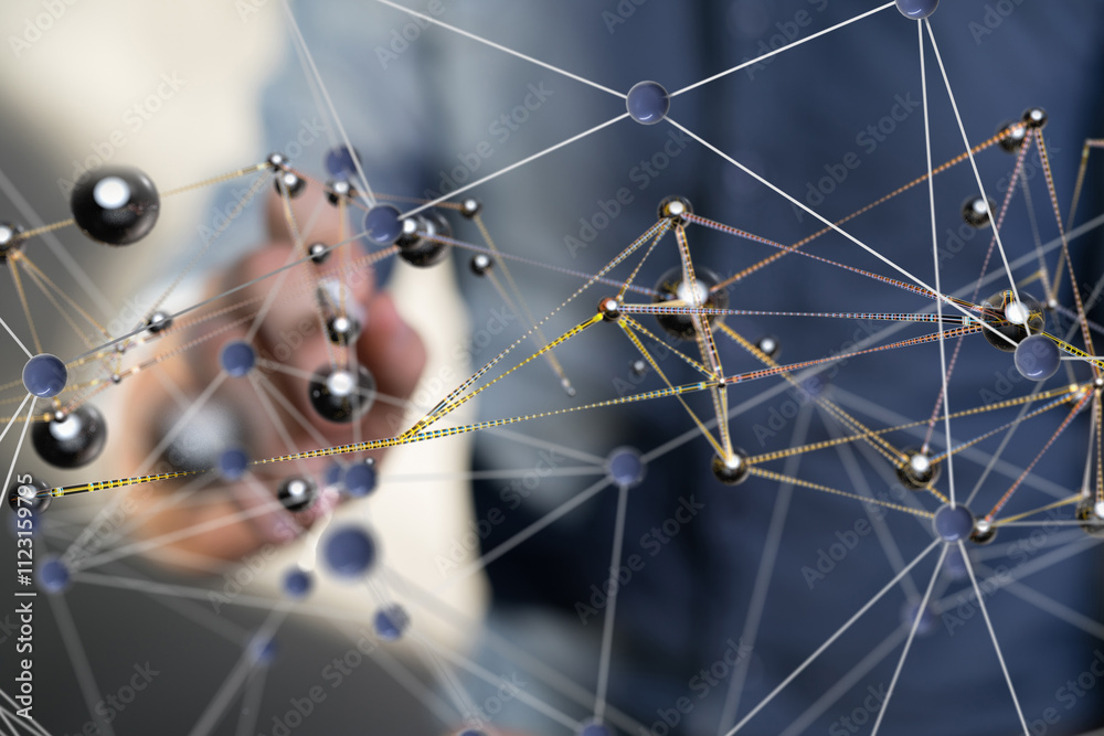 Poster Neural network 3D illustration. Big data and cybersecurity