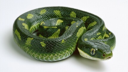 Fototapeta premium Nestled among vibrant green leaves, this green cat snake gracefully coils, showcasing its striking patterns in the dappled sunlight