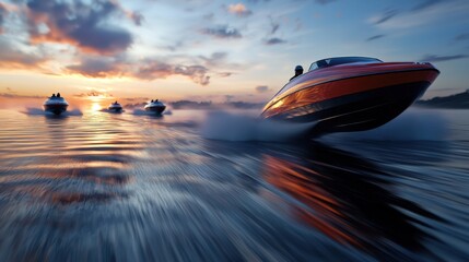 Obraz premium A group of boats are racing on a lake at sunset